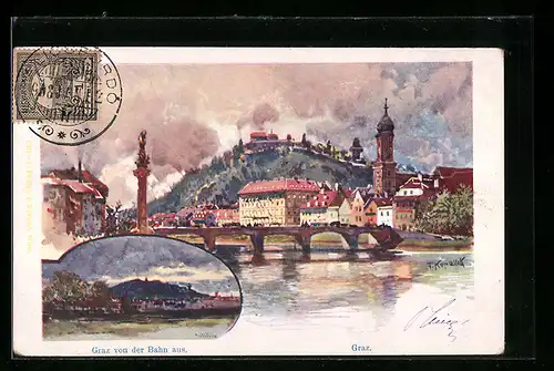 Künstler-AK Franz Kopallik: Graz, Flusspartie und Blick von der Bahn aus