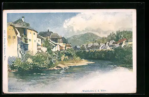 Künstler-AK Franz Kopallik: Waidhofen a. d. Ybbs, Teilansicht mit Fluss im Sonnenschein