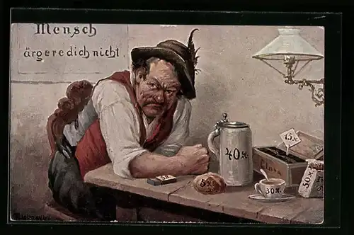 Künstler-AK Max Kuglmayr: Mensch ärgere dich nicht, Preisszeigerung bei Nahrungs- und Genussmitteln