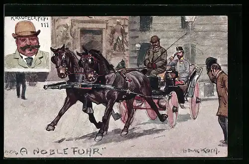 Künstler-AK Ludwig Koch: Fiaker mit Offizier als Gast, A noble Fuhr, Kreutzer Pepi 111