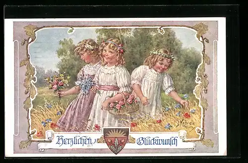 Künstler-AK Kränzle, Deutscher Schulverein Nr. 721: Herzlichen Glückwunsch, Blumenmädchen auf einer Wiese