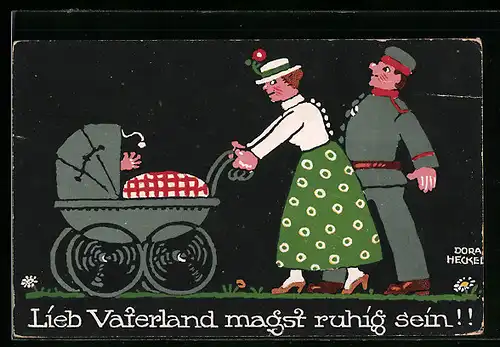 Künstler-AK Dora Heckel: Soldat mit Frau und Kind im Kinderwagen