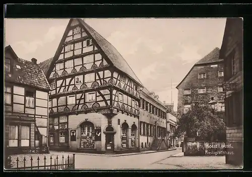 AK Soest i. Westf., Freiligrathhaus und Drogerie zur Rose