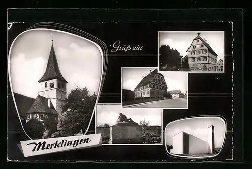 AK Merklingen, Blick auf Kirche und Strassenpartie mit Bürgerhaus