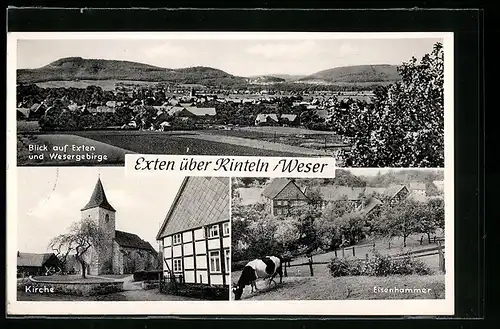 AK Exten /Weser, An der Kirche, Ortsansicht mit Wesergebirge