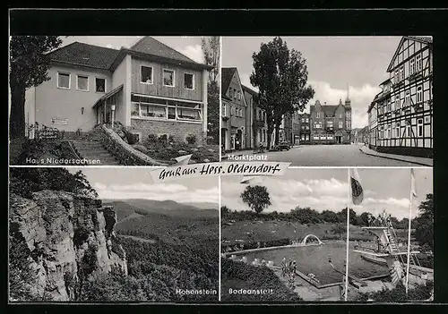 AK Hess. Oldendorf, Blick auf Hohenstein, Geschäfte am Marktplatz