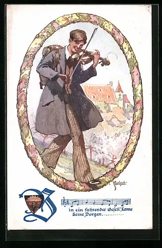 AK Deutscher Schulverein Nr.1337: Geige spielender Mann läuft einen Berg hinab