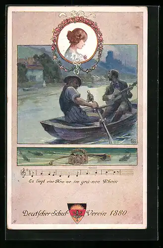 Künstler-AK Karl Friedrich Gsur, Deutscher Schulverein Nr. 91: Zwei Männer auf einem Ruderboot