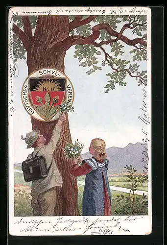 AK Deutscher Schulverein: Mann und Frau mit Blumen am Baum