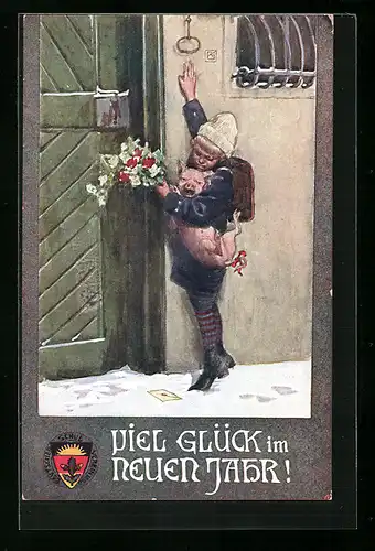 AK Deutscher Schulverein Nr. 24: Kind mit Glücksschwein klingelt an einer Tür