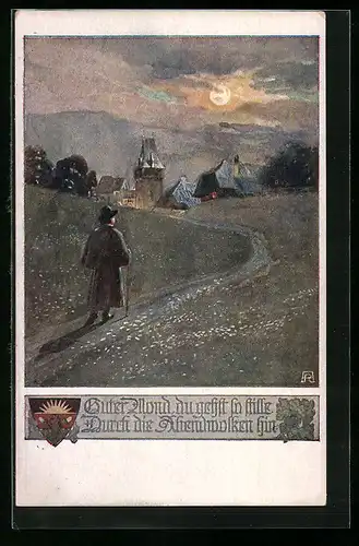 Künstler-AK Deutscher Schulverein Nr. 1075: Wanderer auf dem Weg in den Ort