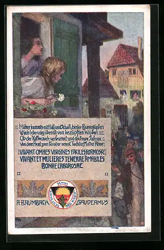 AK Deutscher Schulverein Nr. 238: R. Baumbach Gaudeamus, Männer versammeln sich vor dem Fenster