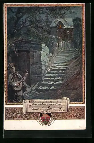 AK Deutscher Schulverein Nr. 445: Mann mit Laute singt ein Lied von Schubert