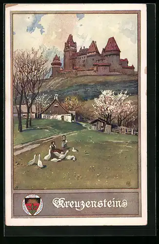 AK Deutscher Schulverein Nr. 165: Kreuzenstein, Panorama mit Gänsen