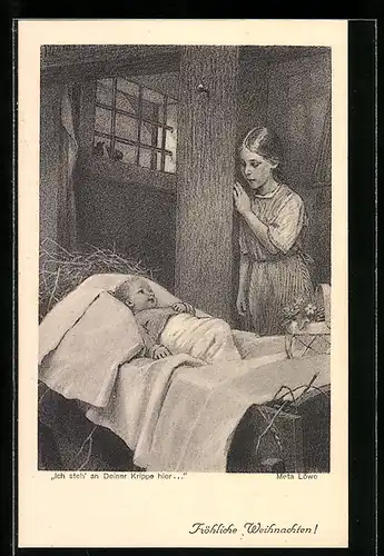 Künstler-AK Meta Löwe: Mädchen bei Baby an der Krippe