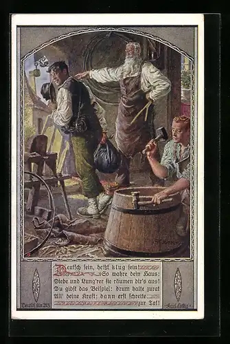 Künstler-AK Franz Kuderna: Deutscher Schulverein Nr. 803: Mann wird der Fassbinderei verwiesen