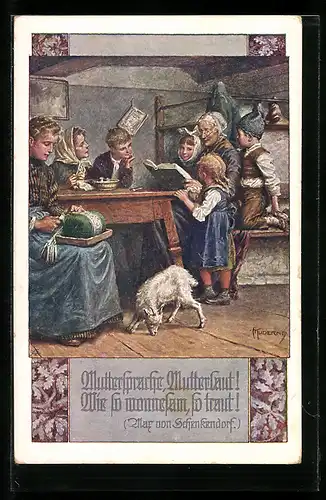 Künstler-AK Franz Kuderna, Deutscher Schulverein Nr. 792: Grossmutter liest Kindern etwas vor