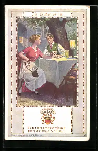 Künstler-AK Franz Kuderna: Die Lindenwirtin sitzt mit einem Herren unter der Linde