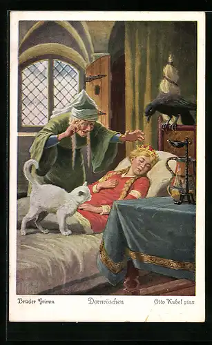 Künstler-AK Otto Kubel: Dornröschen wird von einer bösen Hexe zum 100jährigen Schlaf verzaubert