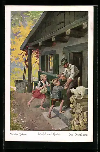 Künstler-AK Otto Kubel: Hänsel und Gretel, Vater schliesst seine zurückgekehrten Kinder in die Arme