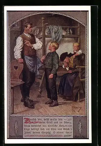 Künstler-AK Franz Kuderna: Deutscher Schulverein Nr. 802: Deuscht sein, heisst wahr sein...., Junge vor seinem Vater