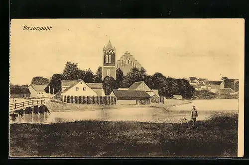Künstler-AK Hasenpoht, Ortsansicht mit Kirche