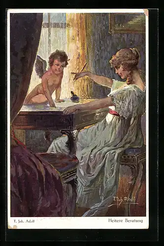 Künstler-AK Adolf (Jodolfi): Amor erscheint auf dem Schreibtisch einer jungen Frau