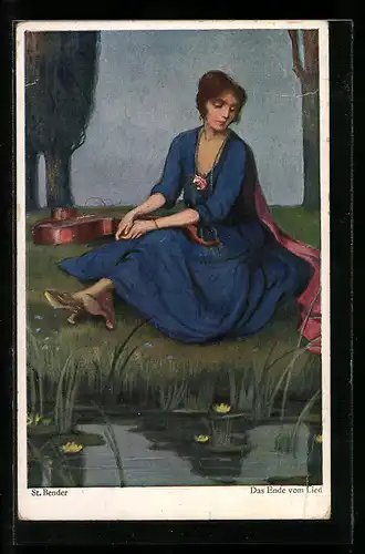 Künstler-AK St.Bender: Dame im Kleid sitzt mit einer Laute am Seeufer