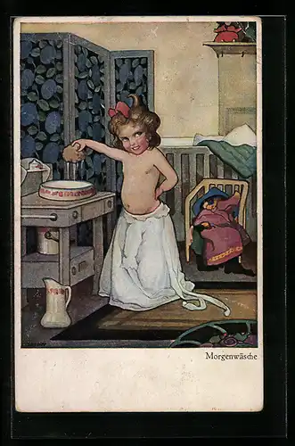 Künstler-AK St. Bender: Morgenwäsche, halbnacktes Mädchen wäscht sich an einer Wasserschüssel