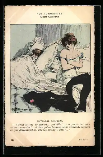 Künstler-AK Albert Guillaume: Frau im Nachthemd sitzt im Bett und liest Briefe während der Gatte schläft