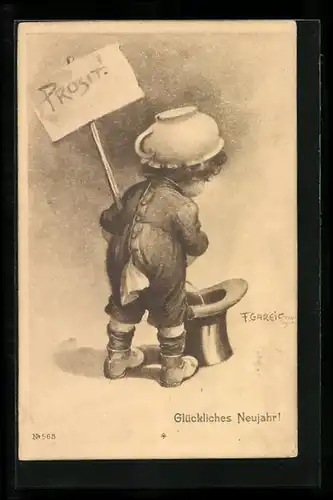 Künstler-AK F. Gareis: Kleiner Junge mit Töpfchen auf dem Kopf pinkelt in einen Zylinder