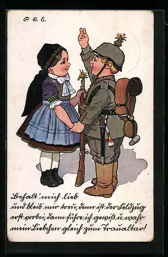 Künstler-AK P. O. Engelhard (P.O.E.): Behalt` mich lieb..., Soldatenliebe, Tracht