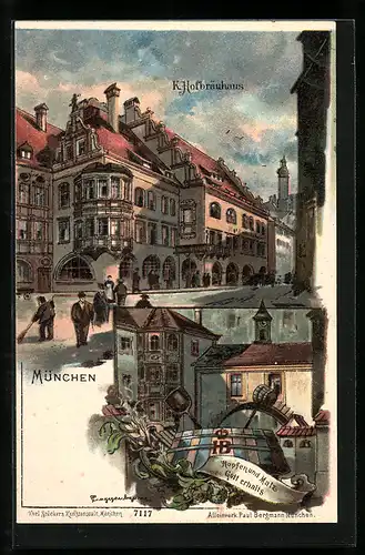 Künstler-AK Theodor Guggenberger: Münchner Hofbräuhaus, Hopfen und Malz - Gott erhalts