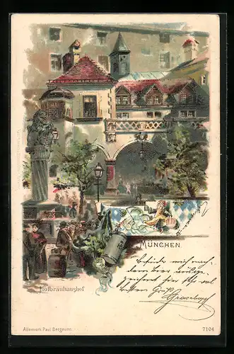 Künstler-AK Theodor Guggenberger: München, Gasthaus Hofbräuhaus, Hof
