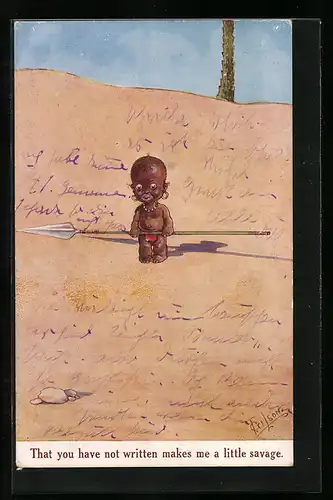 Künstler-AK T. Gilson: Kleiner Junge mit Speer in der Wüste