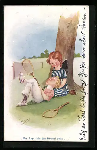Künstler-AK T. Gilson: Pause vom Tennisspielen, Kopf des Jungen ruht im Schoss des Mädchens