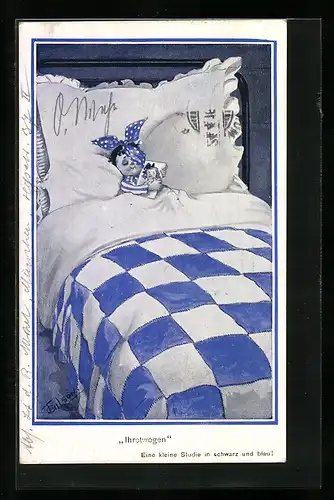 Künstler-AK T. Gilson: Junge hat sich für seine kleine Freundin geschlagen und liegt mit blauem Auge im Bett