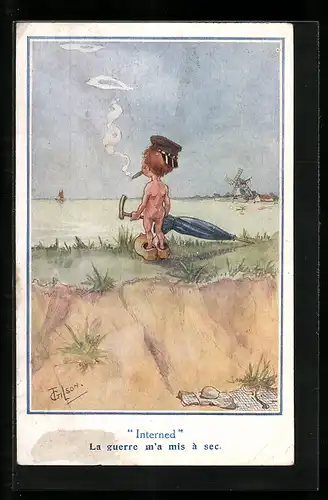 Künstler-AK T. Gilson: Kleiner Junge mit Matrosenhut, Holzclogs, Zigarre und Regenschirm