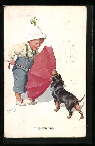 Künstler-AK Karl Feiertag: Kriegserklärung, Junge schützt sich mit einem Schirm vor einem Dackel