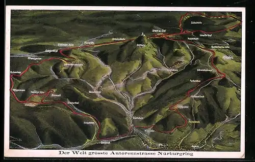 Künstler-AK Übersichtskarte Nürburgring mit Ortsbezeichnungen