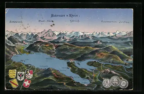 Künstler-AK Eugen Felle: Bodensee und Rhein, Wappen, Lindau, Mainau und Reichenau