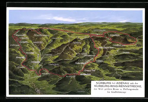 Künstler-AK Eugen Felle: Nürburg bei Adenau, Blick auf die Nürburg-Ring-Rennstrecke