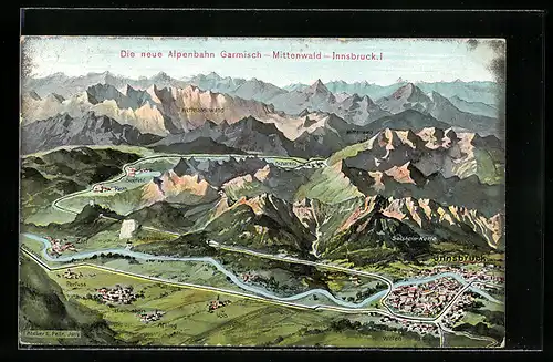 Künstler-AK Eugen Felle: Innsbruck, Die neue Alpenbahn Garmisch-Mittenwald-Innsbruck, Panorama mit Afling und Völs