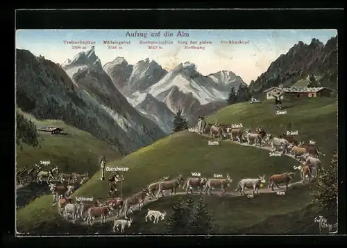 Künstler-AK Eugen Felle: Aufzug auf die Alm, Berg der guten Hoffnung, Trettachspitze