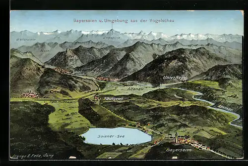 Künstler-AK Eugen Felle: Bayersoien u. Umgebung aus der Vogelschau