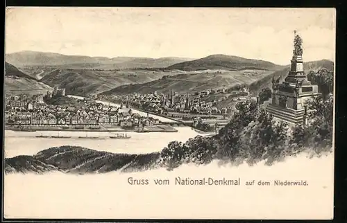AK Nationaldenkmal Niederwald mit Ortsansicht Rüdesheim
