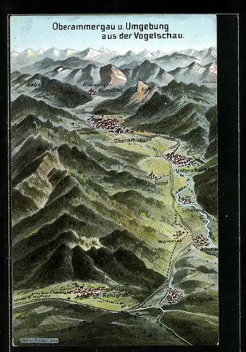 AK Oberammergau, Landkarte mit umliegenden Orten und Bergen aus der Vogelschau