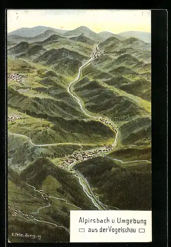 Künstler-AK Eugen Felle: Alpirsbach, Ortsansicht mit Reuthin, Altenberg und Krähenbad aus der Vogelschau