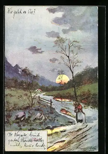 AK Allegorie zum März mit schöner Landschaft in der Abendsonne