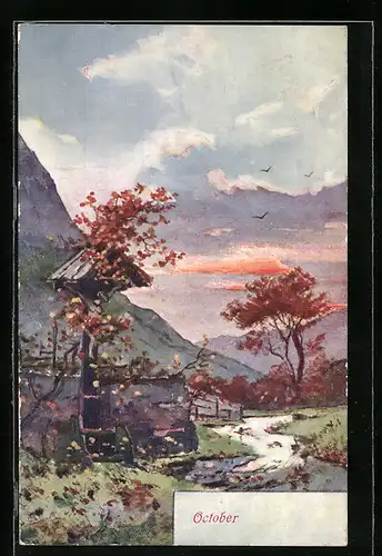 AK Allegorie October, Kruzifix an einem Fluss